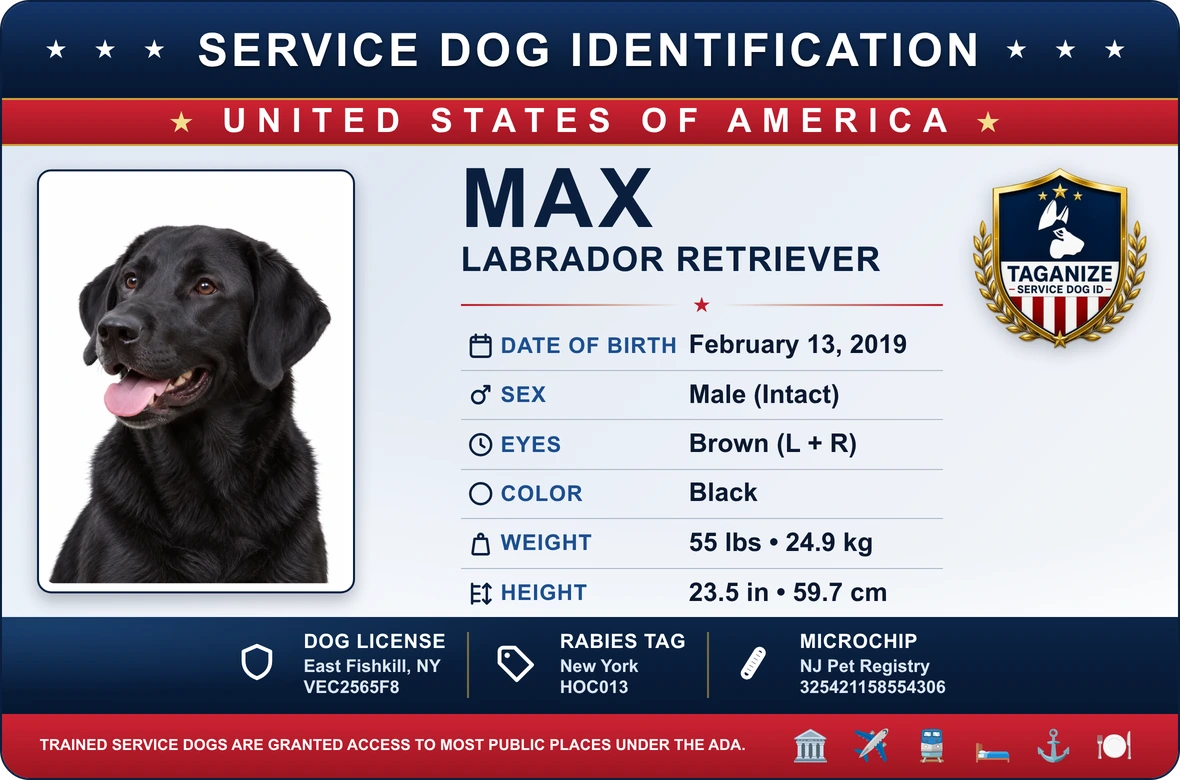 Max's owner-created Service Dog ID information card