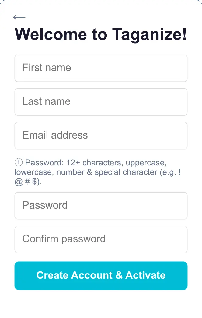 Create Account and Activate screen