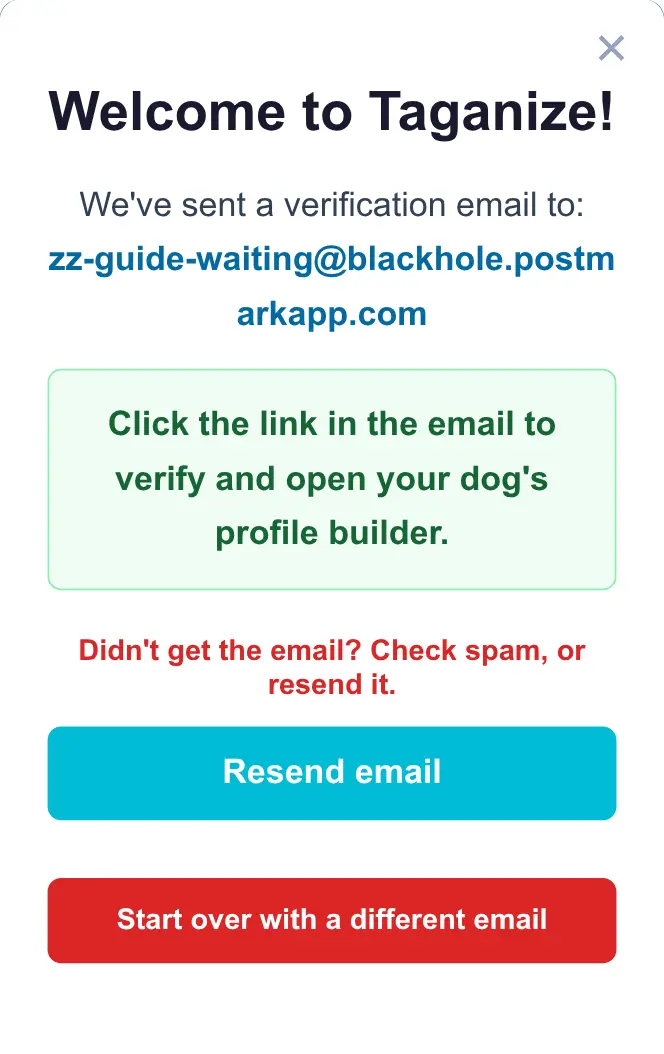 Verification email sent screen with instructions to verify and open the dog website builder