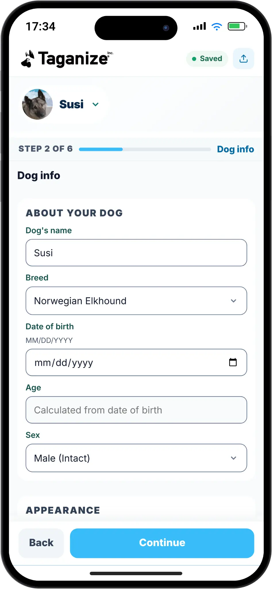 Taganize Dog Information form showing Susi’s name, breed and other details