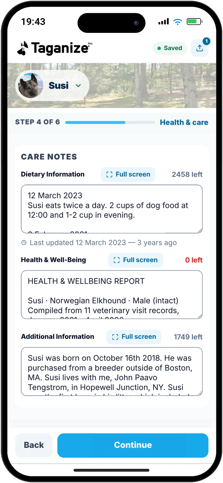 The owner’s form on a phone: Susi’s care notes ready to update