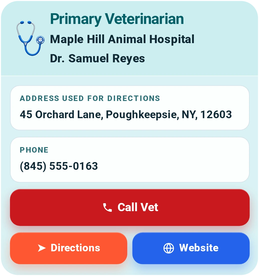 Primary Veterinarian card on the dog's website
