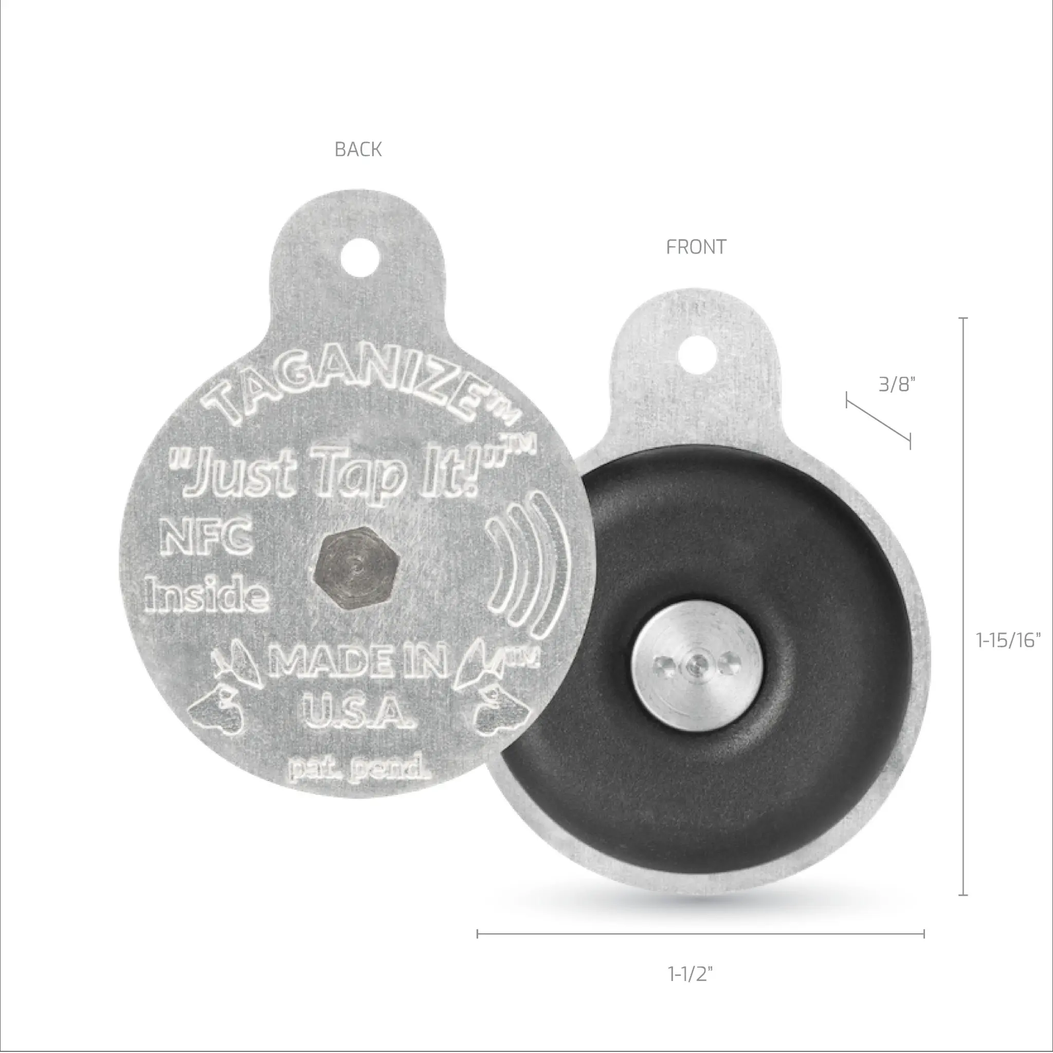 Real Taganize NFC dog tag, front and back, with width, height and thickness measurements